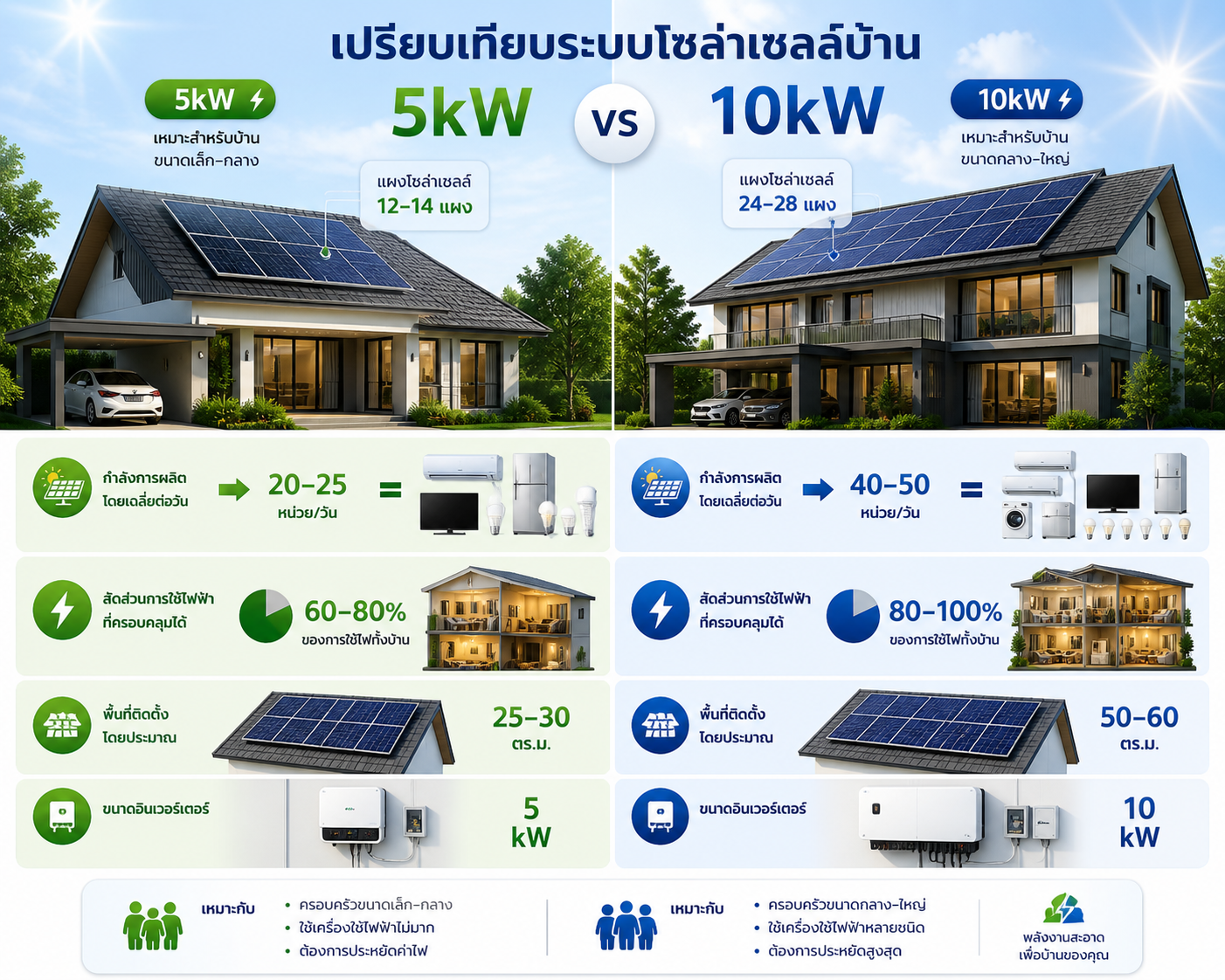 ติดตั้งโซล่าเซลล์บ้าน ใช้ 5kW vs 10kW เลือกแบบไหนคุ้ม