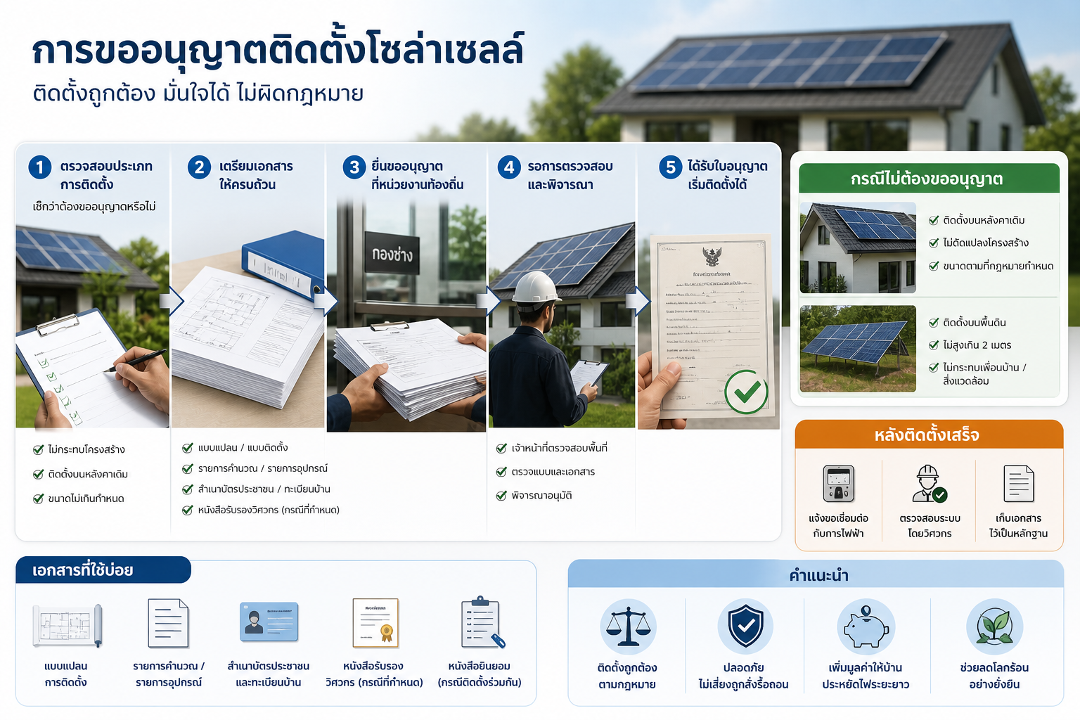 ติดตั้งแผงโซล่าเซลล์ ต้องขออนุญาตไหม อัปเดตกฎหมายล่าสุด 2569